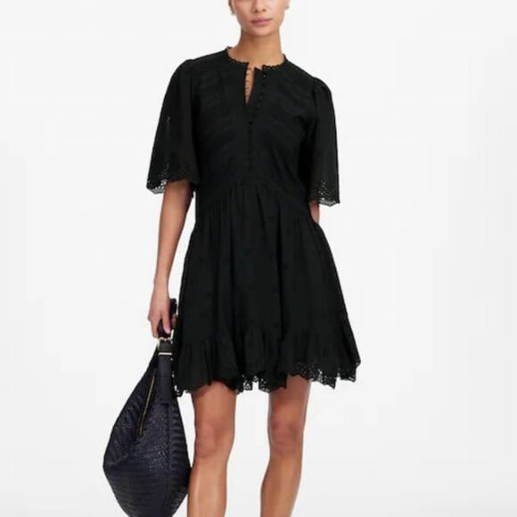 Madewell Eyelet Flutter Sleeve Cotton Mini Dress Black Size 0 NWT - Picture 1 of 11